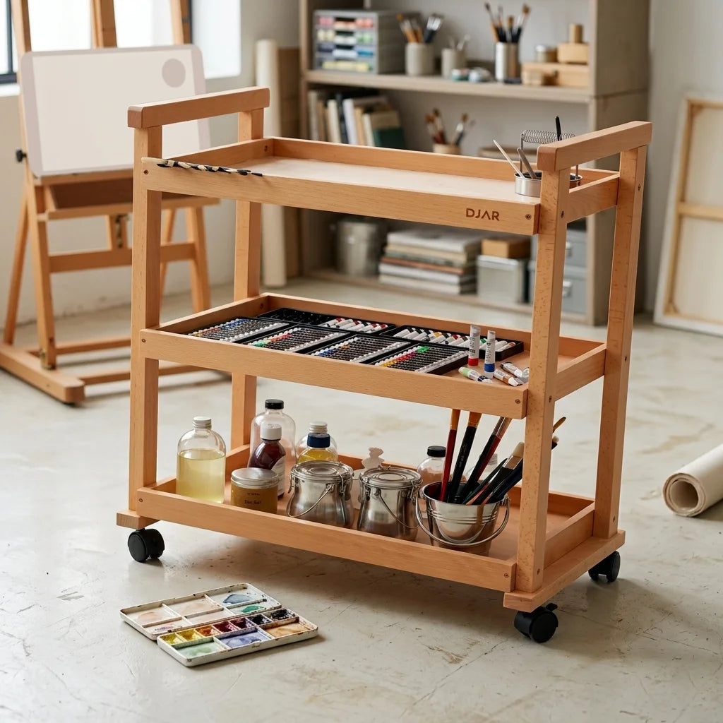 DJAR 3-Tier Rolling Art Supplies Cart for Artists, Silicone Pad, Natural