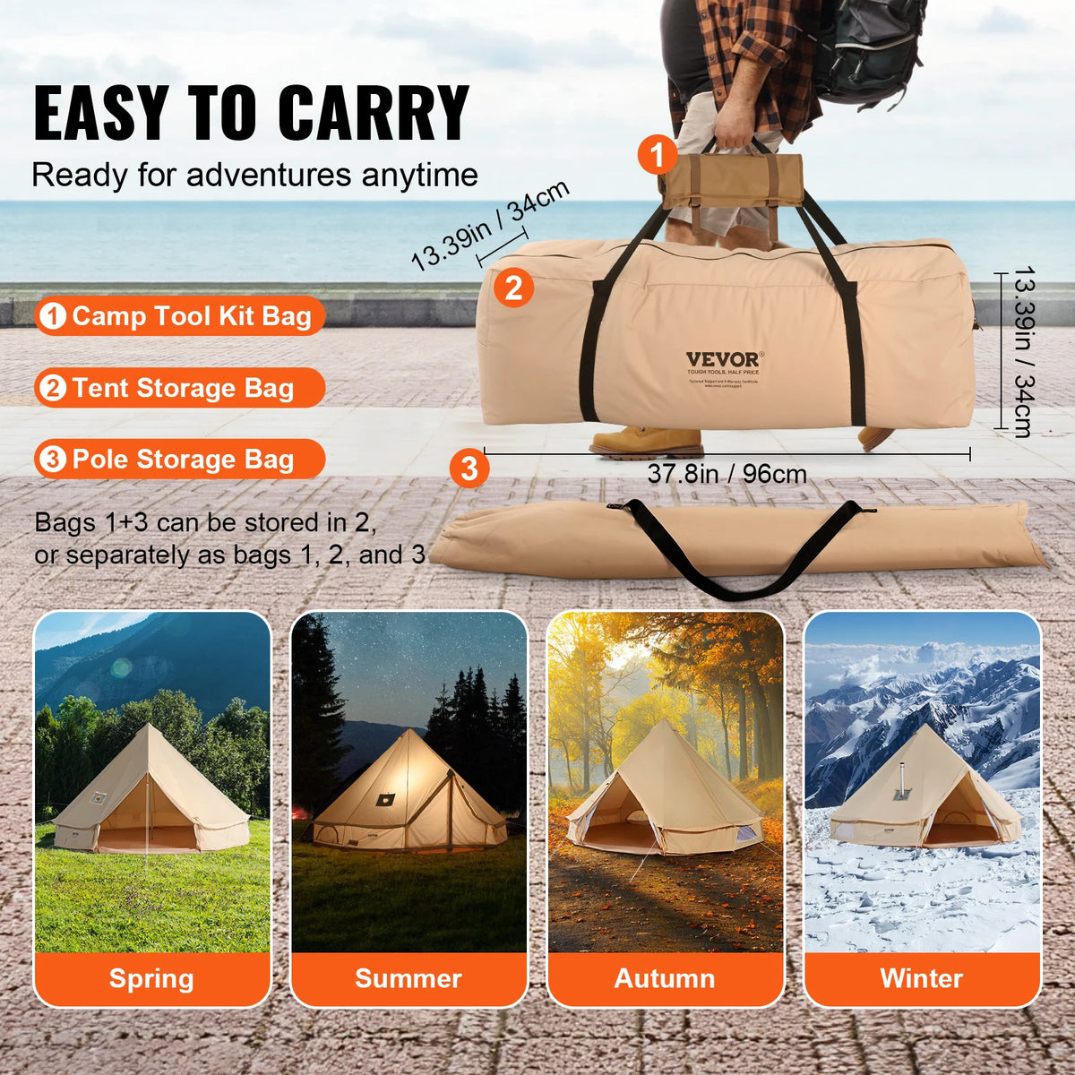 SucceBuy All Season Canvas Bell Tent For Outdoor Camping