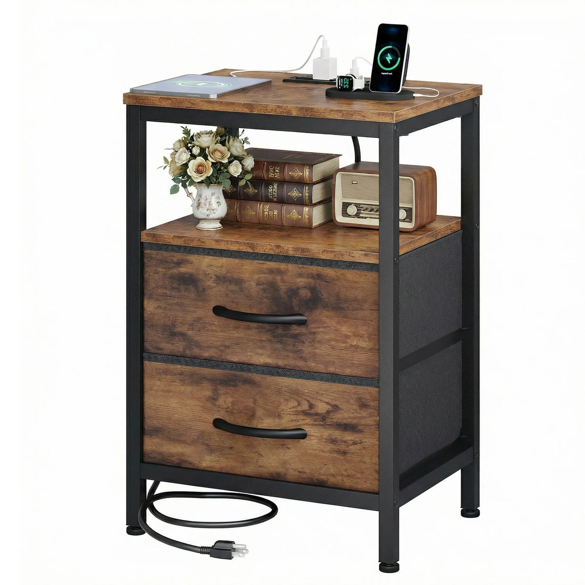JHK Nightstand With Fabric Drawers Open Shelf USB Charging Station
