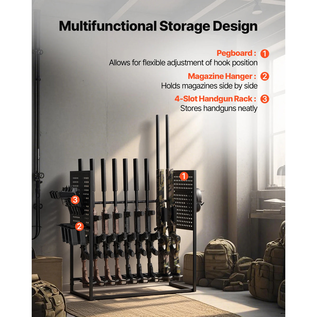 Gun Rack, Floor Standing, Indoor Heavy Duty Steel Rifle Shotgun Rack Stand, Freestanding Gun Display Storage with Magazine Holder, Holds up to 9 Rifles and 4 Pistols, for Home Garage Storage