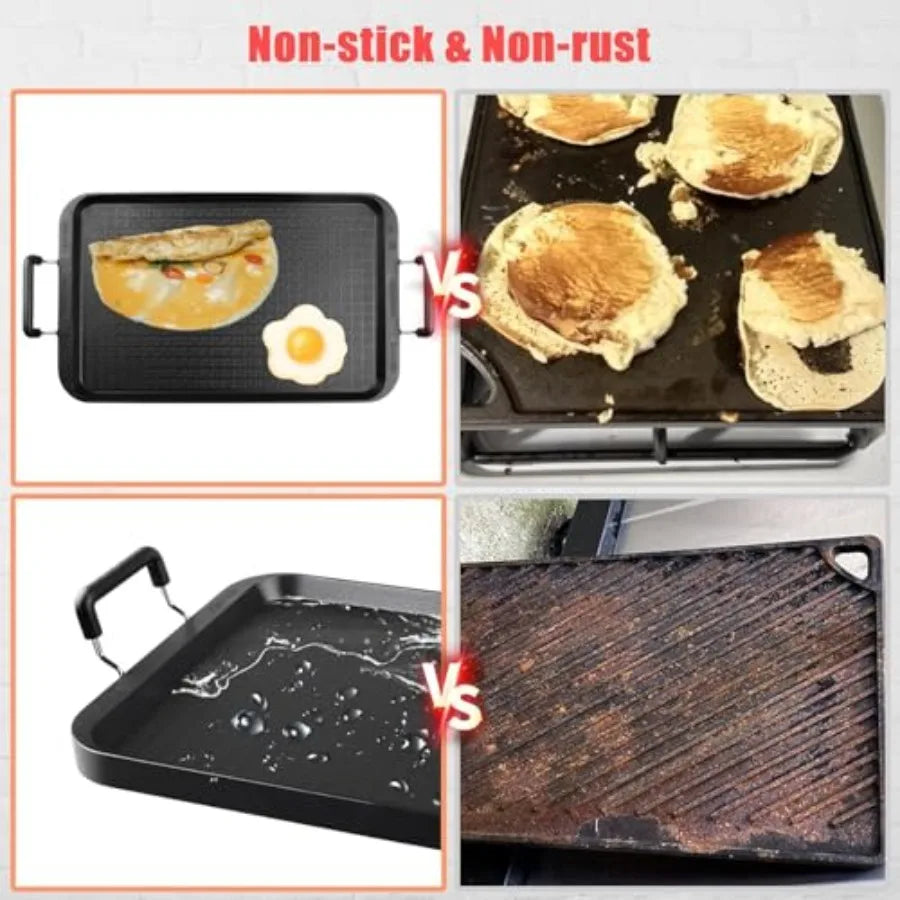 Stove Top Flat Griddle, 2 Burner Griddle Pan for Stove Top Grill, Alumum Pancake pan, Non-Stick Charcoal Grill For Outdoor/Camp