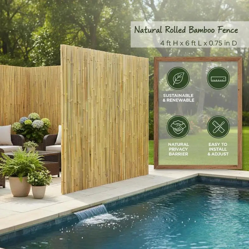 Bamboo Paneling 4 ft H x 6 ft L x 0.75 in D For Garden Backyard Patio, Privacy Screen Natural Decorative Fencing Boundary Partition Rolled Wood Texture Outdoor Space Divider Indoor Wall Decoration Individual Stalks Constructi