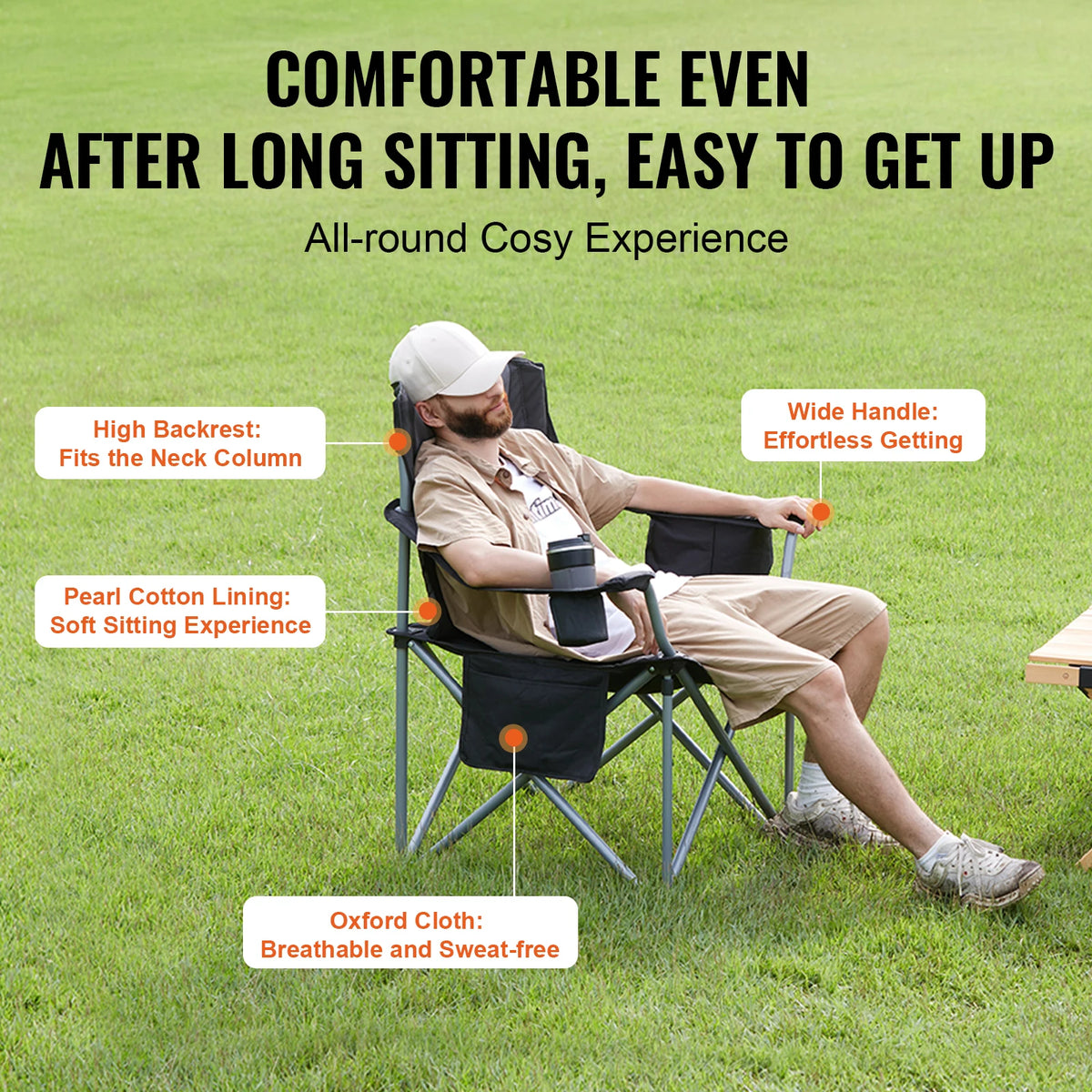 VEVOR Portable Folding Chair With Padded Armrests And Pockets