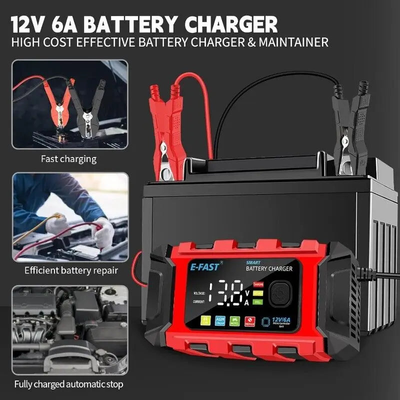12V 6A Smart Battery Charger Trickle Maintainer for Auto Truck Lawn Mower Marine