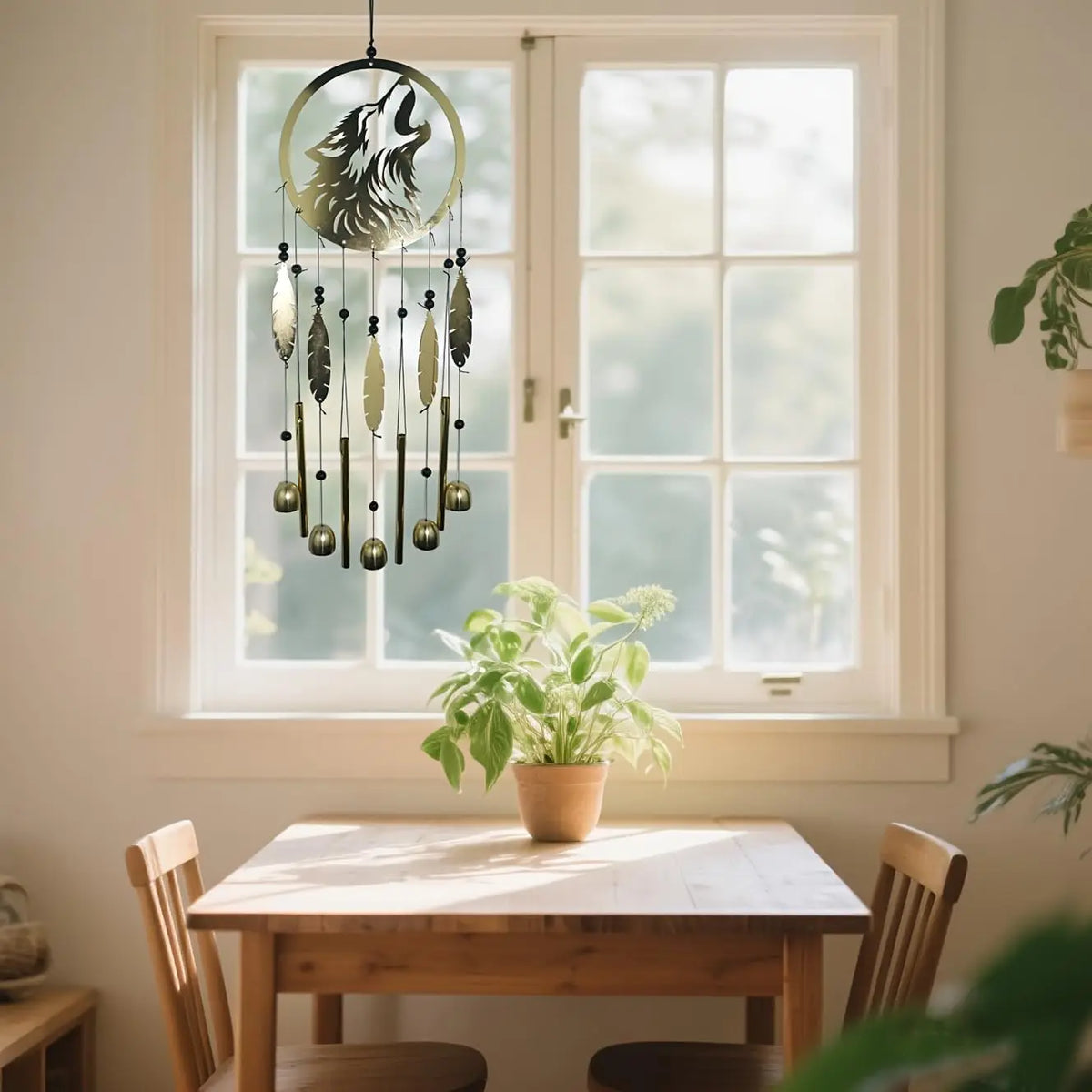 Wolf Dream Catcher Wind Chimes for Outside, Gold Metal Howling Wolf Windchimes with Bells & Feathers, Gift for Wolf Lovers Chimes Wolves