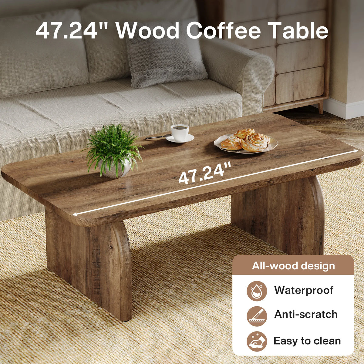 Tribesigns Farmhouse Rectangular Coffee Table with Sturdy Engineered Wood Base