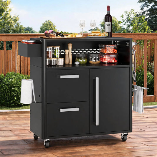 HiMISS Outdoor Grill Cart With Stainless Steel Prep Table